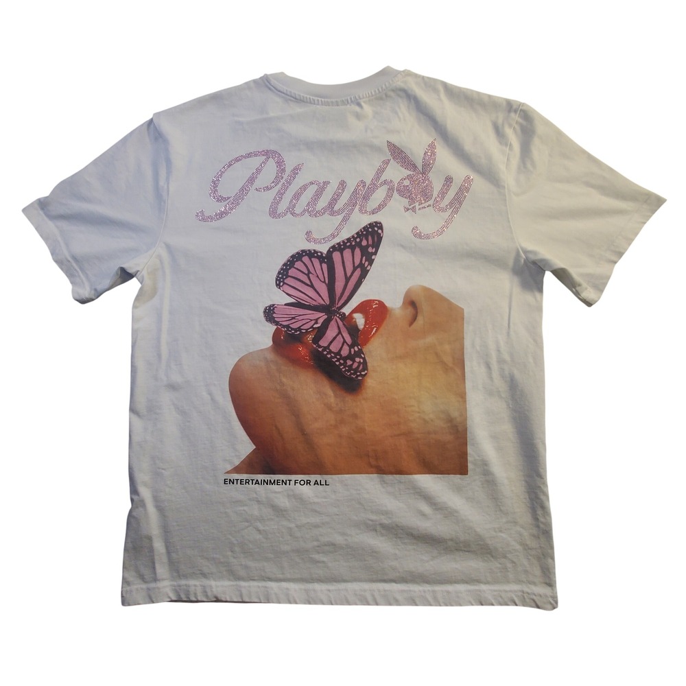 Playboy Men White Rhinestone Bunny Logo Graphic T-Shirt Medium Butterfly Lips